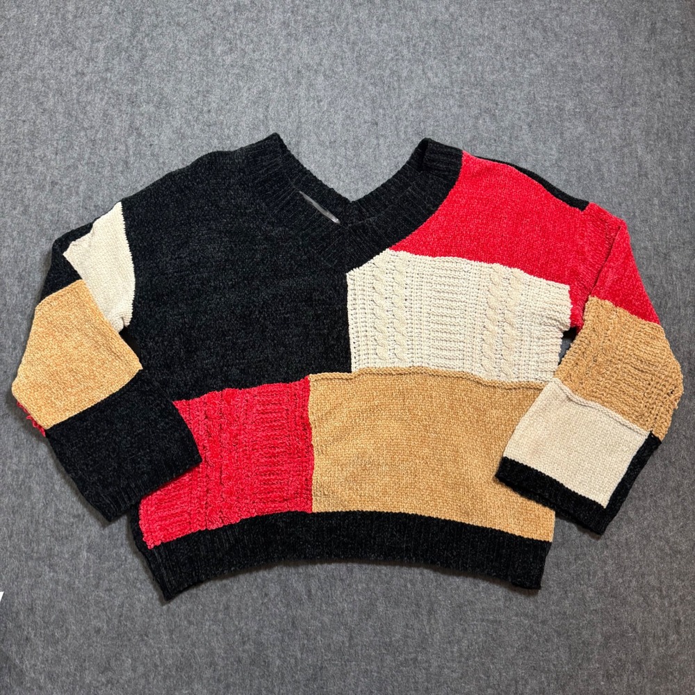 POL Colorblock Chenille Knit V-Neck Sweater HST25 Black Red Tan Small